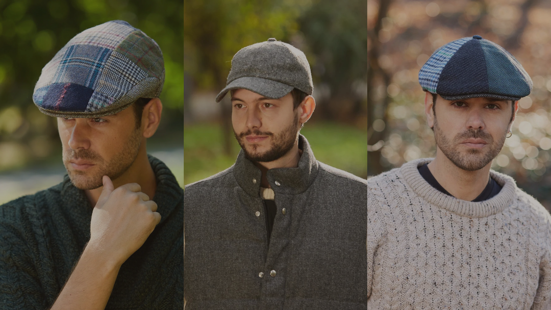A collage showing three different men's Irish cap styles: a patchwork tweed flat cap, a solid grey wool baseball-style cap, and a multi-toned 8-panel newsboy cap, all styled with traditional Irish knitwear.