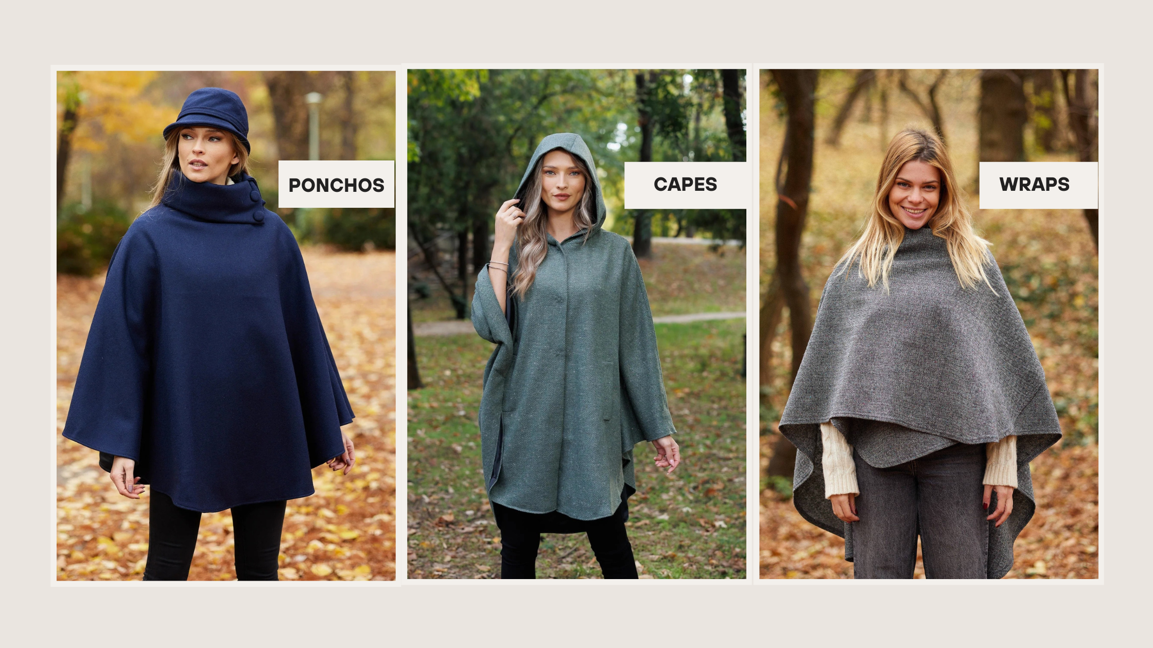 A fashion collage guide for women's Irish outerwear featuring three styles: a navy blue wool poncho with a high buttoned neck, a green hooded tweed cape, and a grey herringbone wool wrap, all styled in an autumnal park setting.